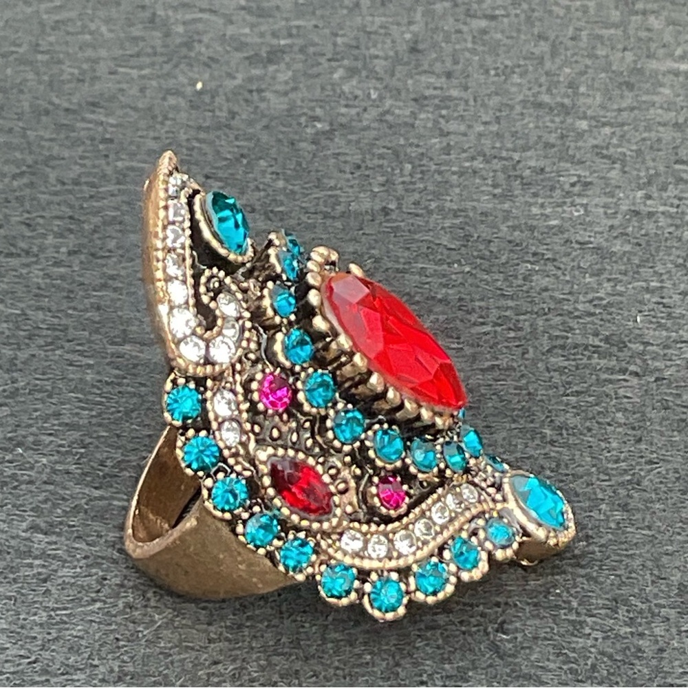 Vintage Turkish Red Crystal Turquoise CZ Statement Ring Gold Rare Luxe Boho - Picture 4 of 9